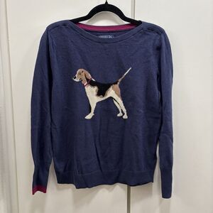Joules Knitwear Sz 8 Knit Beagle Dog Marsha Navy Blue Sweater Silk Camel Blend